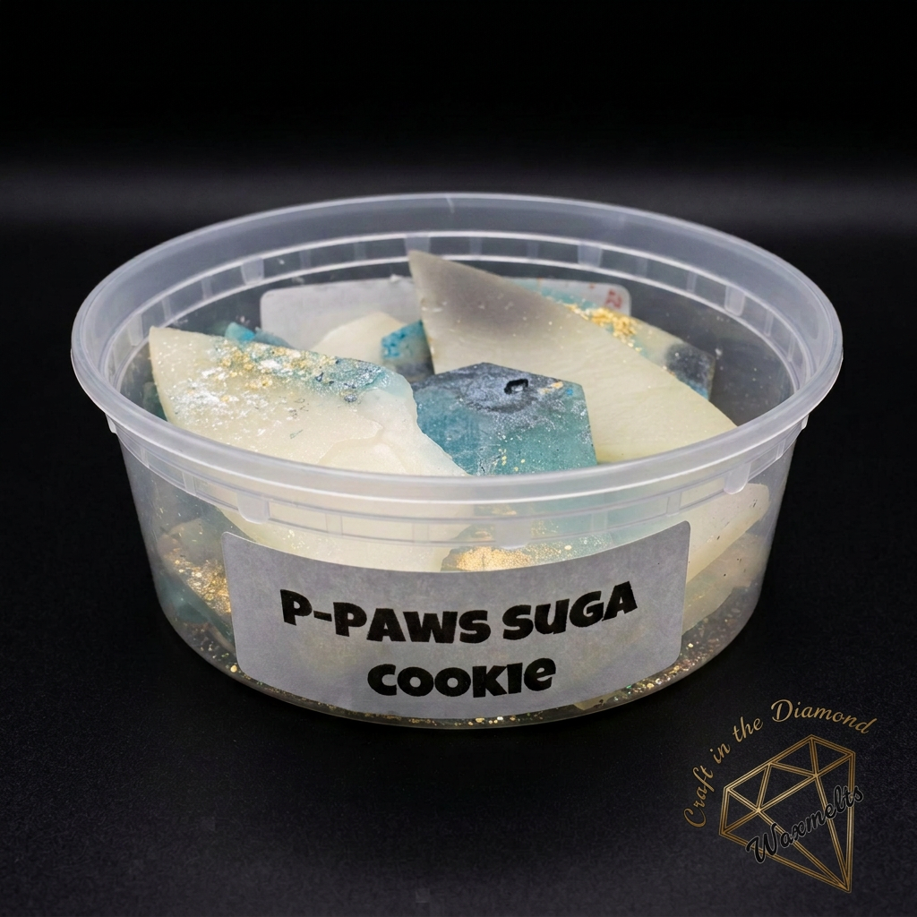 P-Paws Suga Cookie wax melt tub on a softly lit black background with angled Craft in the Diamond watermark